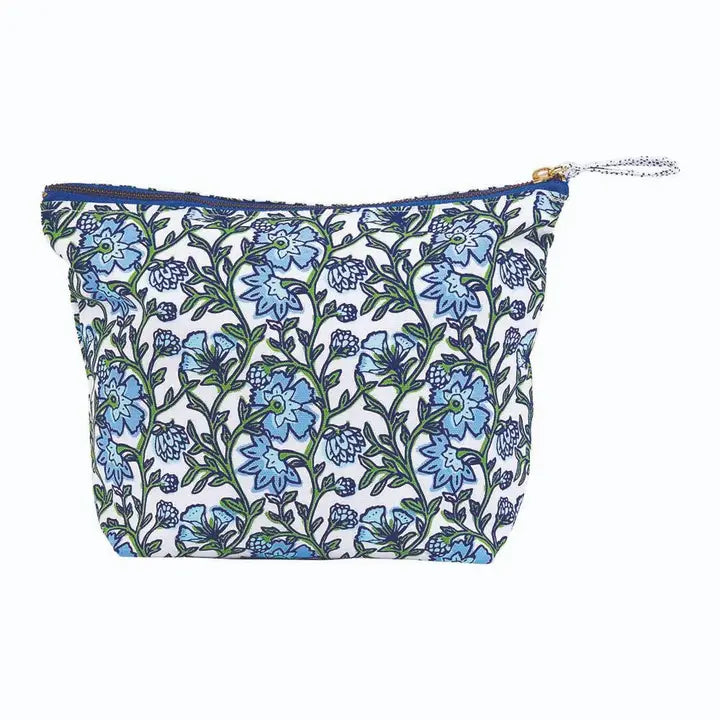 Floral patterned pouch with blue flowers on a white background