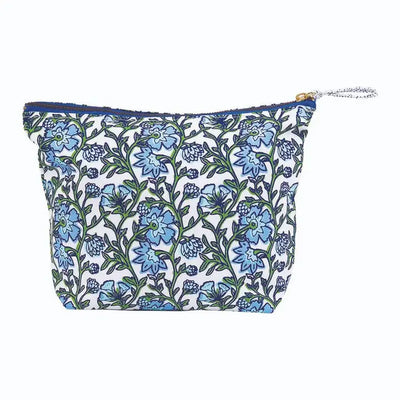 Floral patterned pouch with blue flowers on a white background