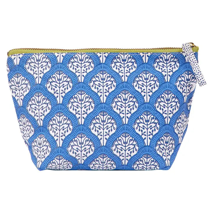 Blue and white patterned pouch with a zipper on a white background
