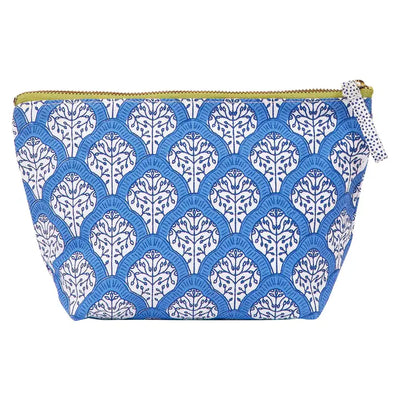 Blue and white patterned pouch with a zipper on a white background