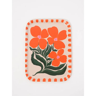 Rectangular tray with orange floral design on a beige background